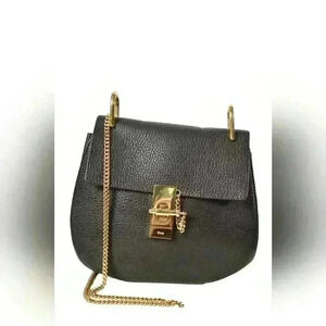 2019 CHLOE Black Pebbled  Calfskin Leather Medium Drew Bag Gold Hardware Italy